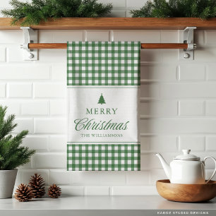 Classic Gingham Green Christmas Family Tea Towel