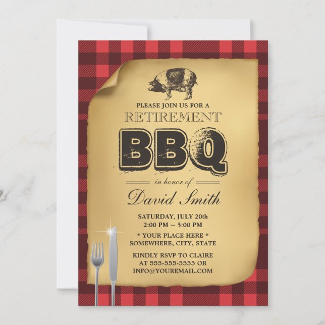 Classic Gingham Pig Roast Retirement Party BBQ Invitation (Front)