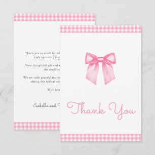 Classic Gingham Pink Bow Baby Shower Thank You Card