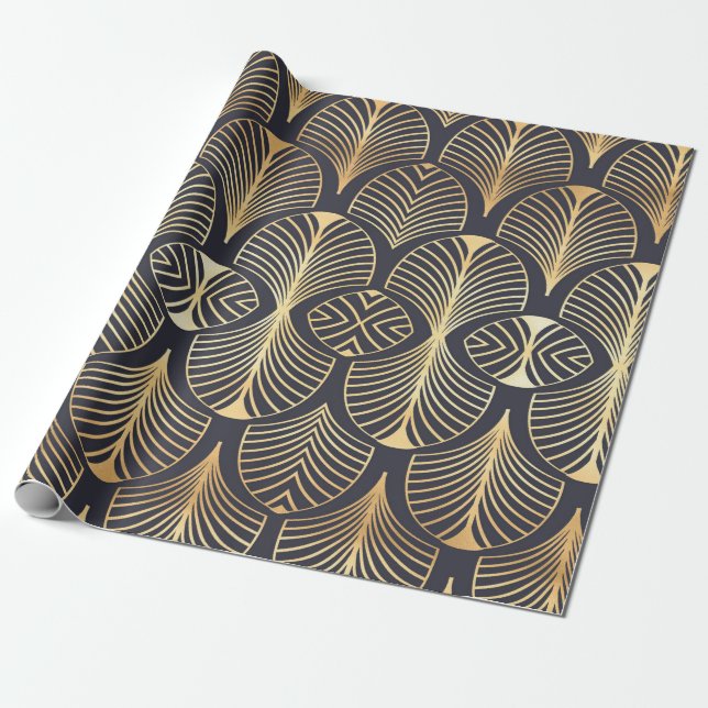 Classic Gold and Black Art Deco Fan Design on Wrapping Paper (Unrolled)