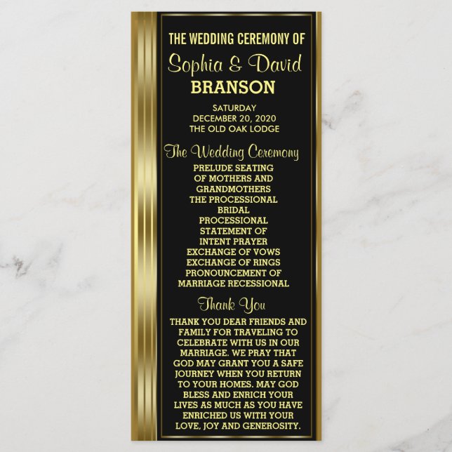 Classic Gold and Black Wedding Custom Program Programme (Front)