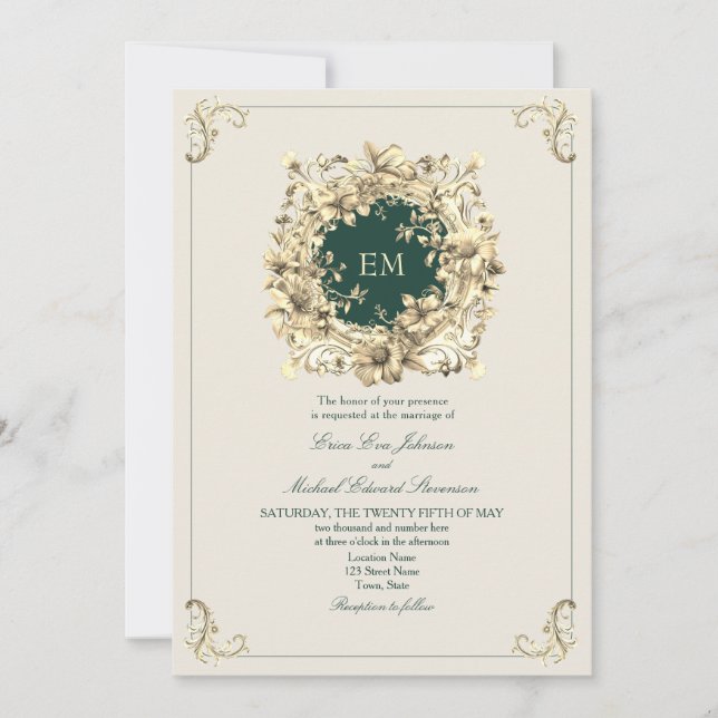 Classic Gold and Emerald Green Wedding Invitation (Front)