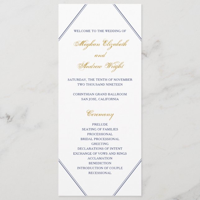 Classic Gold and Navy Wedding Program Programme (Front)