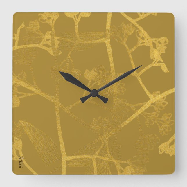 Classic Gold Beige Floral Pattern Square Wall Clock (Front)