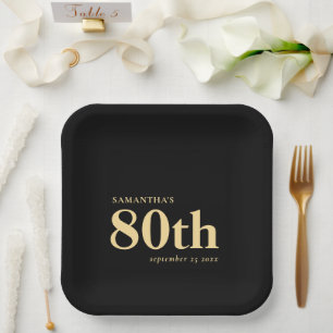 Classic Gold Black Custom Text 80th Name Date  Paper Plate