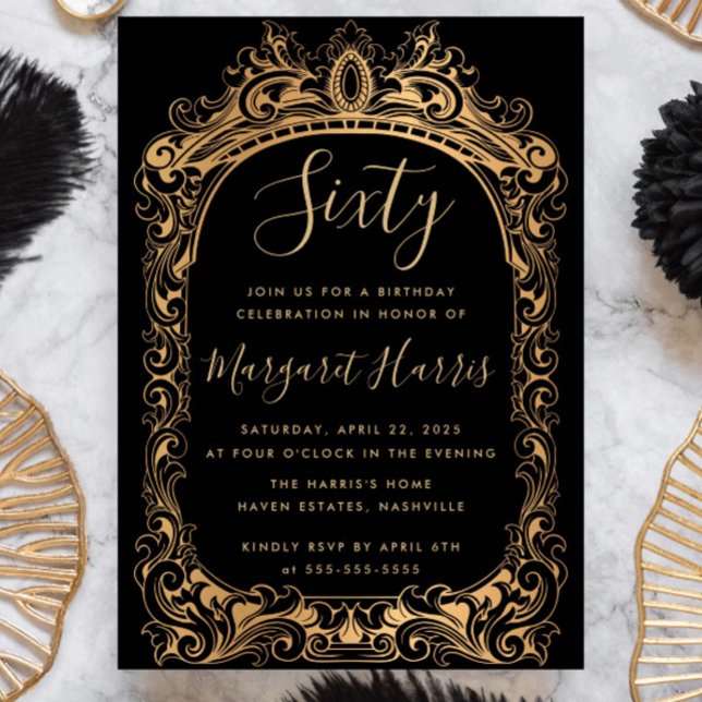 Classic Gold Border Black 60th Sixty Birthday Invitation (Creator Uploaded)