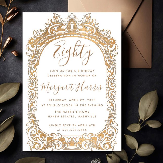 Classic Gold Border White 80th Eighty Birthday Invitation (Creator Uploaded)