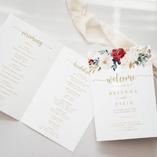 Classic Gold Burgundy White Floral Folded Wedding  Programme