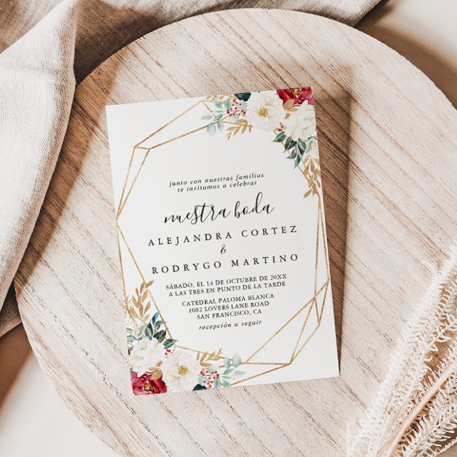 Classic Gold Burgundy White Floral Nuestra Boda  Invitation (Creator Uploaded)
