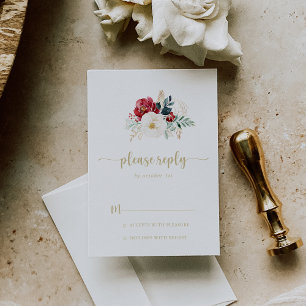Classic Gold Burgundy White Floral RSVP Card