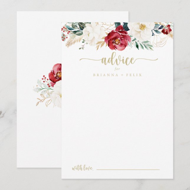 Classic Gold Burgundy White Floral Wedding  Advice Card (Front/Back)