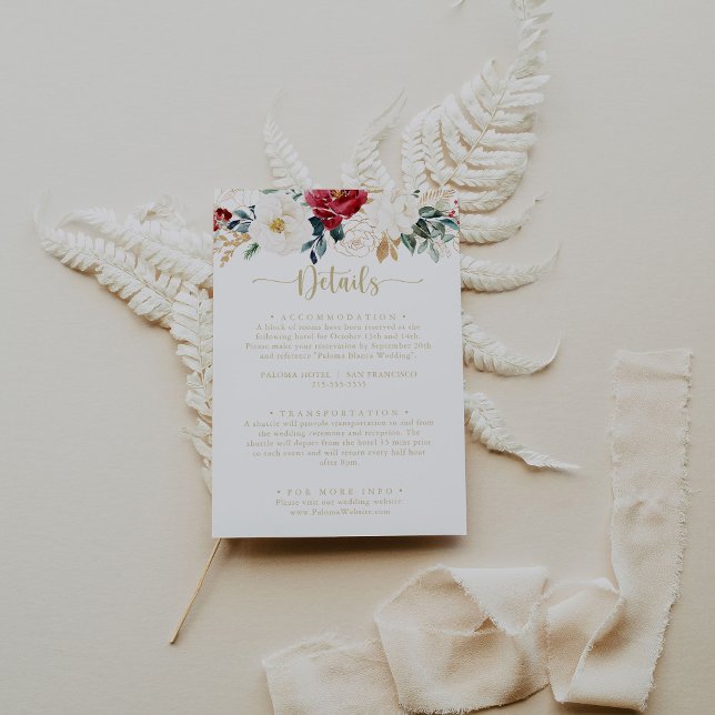 Classic Gold Burgundy White Floral Wedding Details Enclosure Card (Creator Uploaded)
