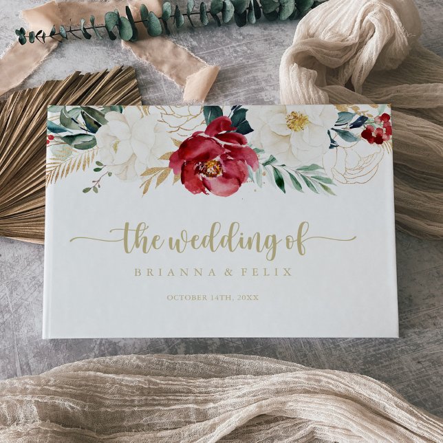 Classic Gold Burgundy White Floral Wedding  Guest Book (Creator Uploaded)