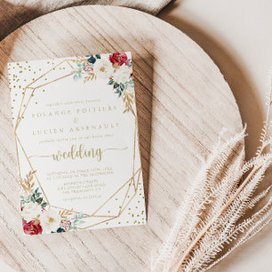 Classic Gold Burgundy White Floral Wedding Invitation