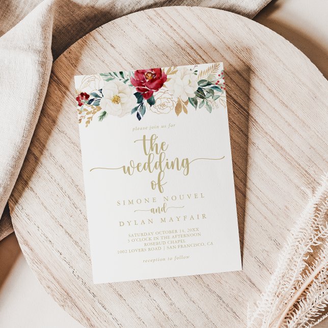 Classic Gold Burgundy White Floral Wedding of  Invitation (Creator Uploaded)