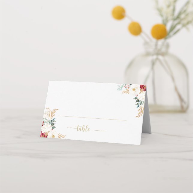 Classic Gold Burgundy White Floral Wedding  Place Card (Front)