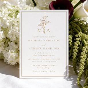 Classic Gold Calla Lily Monogram Wedding Invitation