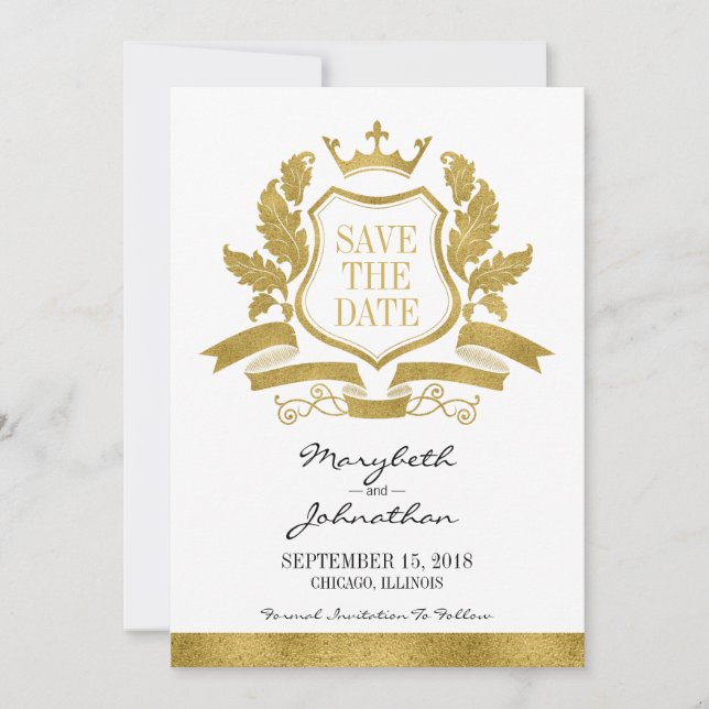 Classic Gold Crest Save The Date Card (Front)