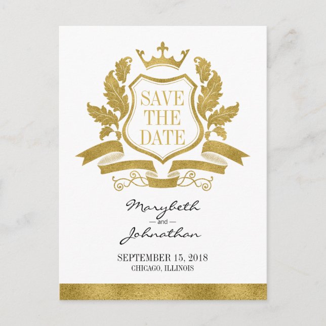 Classic Gold Crest Save The Date Postcard (Front)