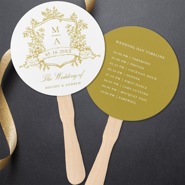 Classic Gold Crest Wedding Ceremony Timeline Hand Fan (Front & Back)