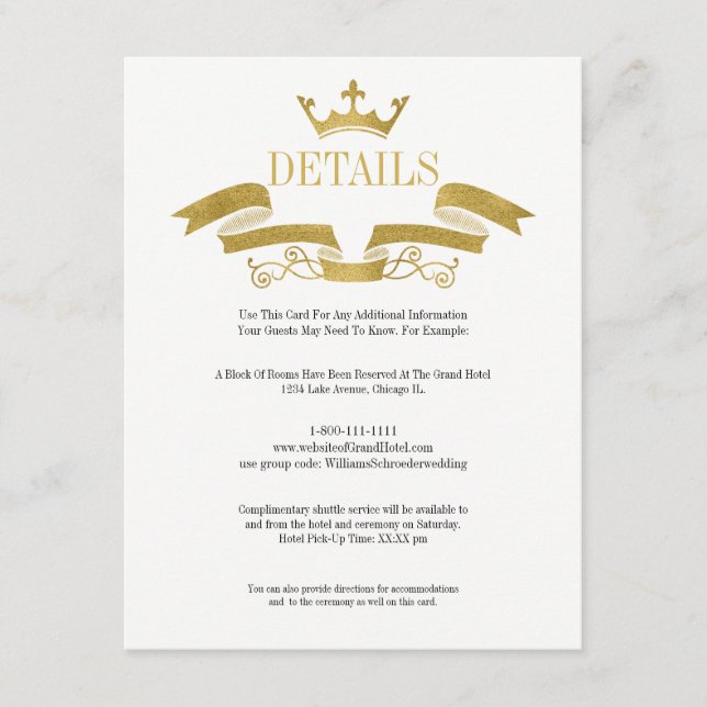 Classic Gold Crest Wedding Details Card (Front)