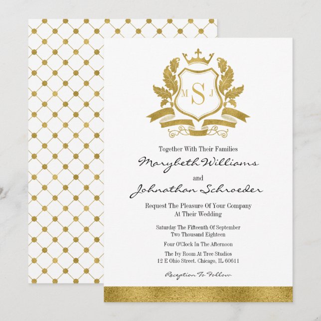 Classic Gold Crest Wedding Invitation Card (Front/Back)
