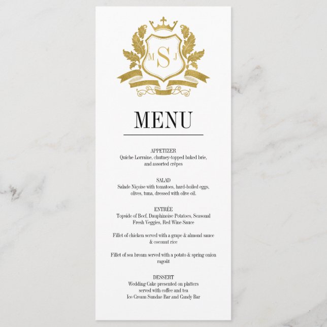 Classic Gold Crest Wedding Menu Card (Front)