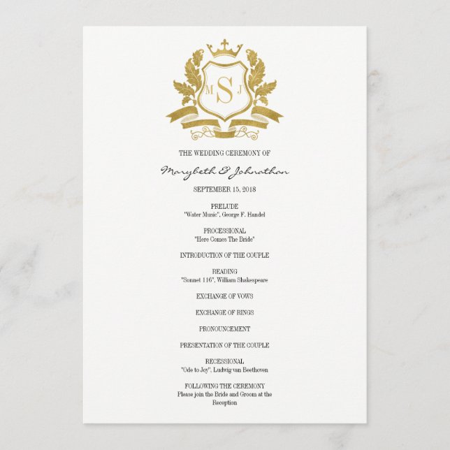 Classic Gold Crest Wedding Program Programme (Front)