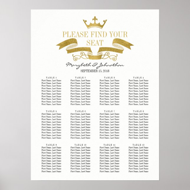 Classic Gold Crest Wedding Seating Chart Sign (Front)
