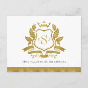 Classic Gold Crest Wedding Thank You Postcard