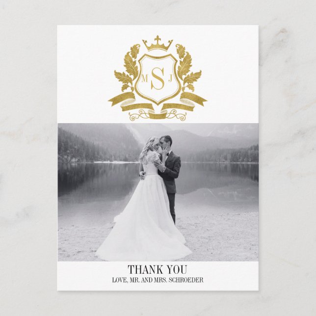 Classic Gold Crest Wedding Thank You Postcard (Front)