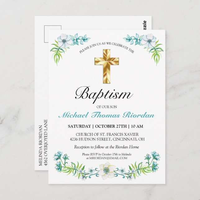 Classic Gold Cross Boy's Blue Baptism Invitation  Postcard (Front/Back)