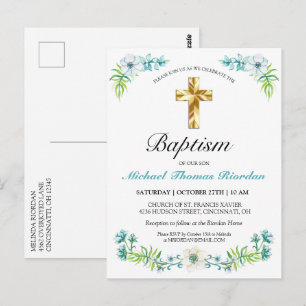 Classic Gold Cross Boy's Blue Baptism Invitation  Postcard