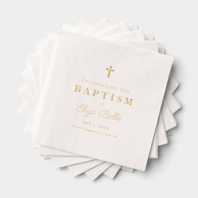 Classic Gold Cross Elegant Script Baptism Foil Napkins (Insitu (Stacked))