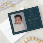 Classic Gold Cross Religious Baptism & Christening Invitation<br><div class="desc">This Classic Elegant Gold Cross Baby Photo Baptism Invitation features a simple gold glitter frame and cross,  script name,  vertical photo and clean and chic editable text. Click the edit button to customise this design.</div>