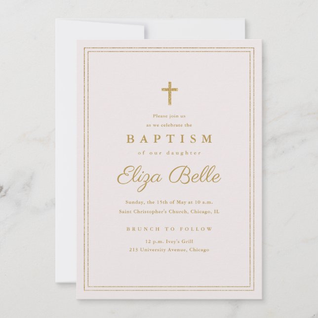 Classic Gold Cross Religious Baptism & Christening Invitation (Front)