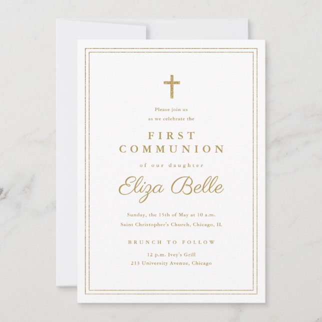 Classic Gold Cross Religious First Holy Communion Invitation (Front)