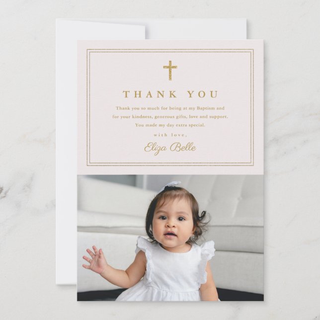 Classic Gold Cross Religious Photo Baptism  Thank You Card (Front)