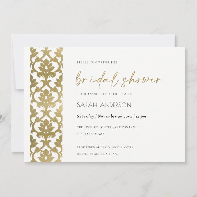CLASSIC GOLD DAMASK FLORAL PATTERN BRIDAL SHOWER INVITATION (Front)