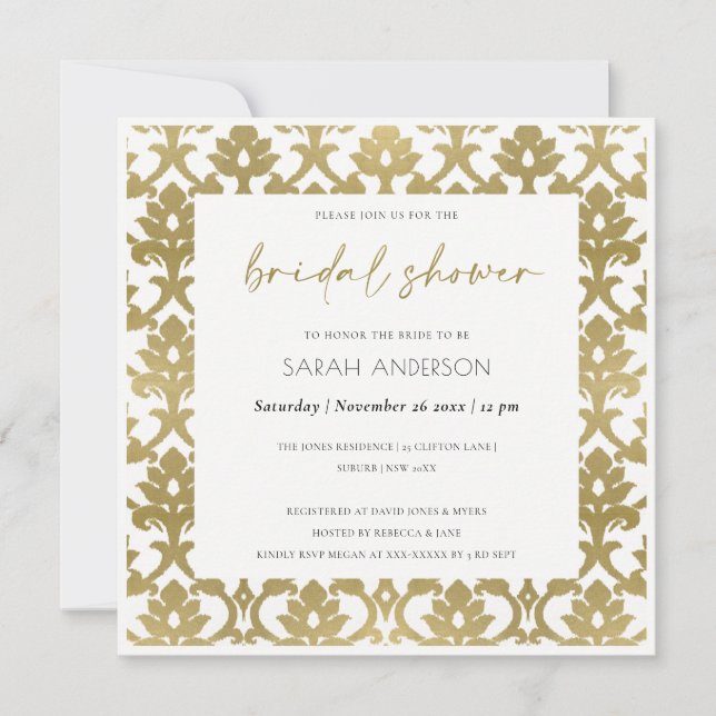CLASSIC GOLD DAMASK FLORAL PATTERN BRIDAL SHOWER INVITATION (Front)
