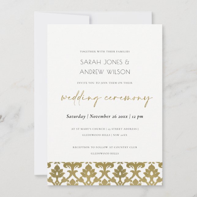 CLASSIC GOLD DAMASK FLORAL PATTERN WEDDING INVITATION (Front)
