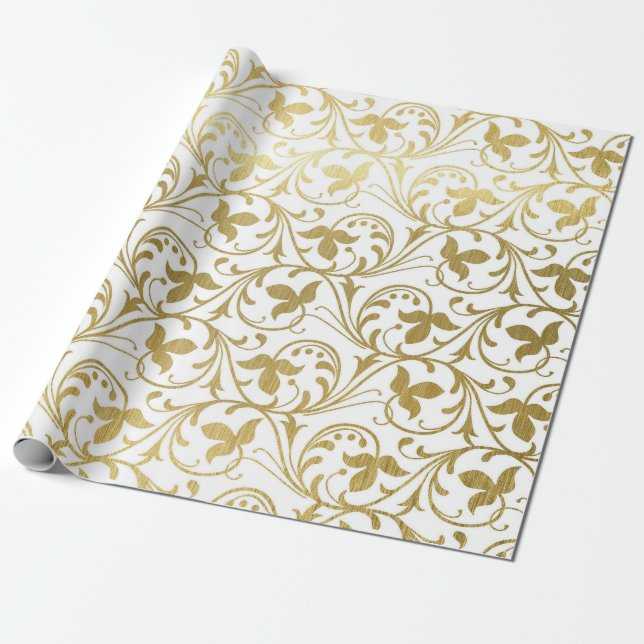 Classic Gold Damask Floral Pattern Wedding Wrappin Wrapping Paper (Unrolled)