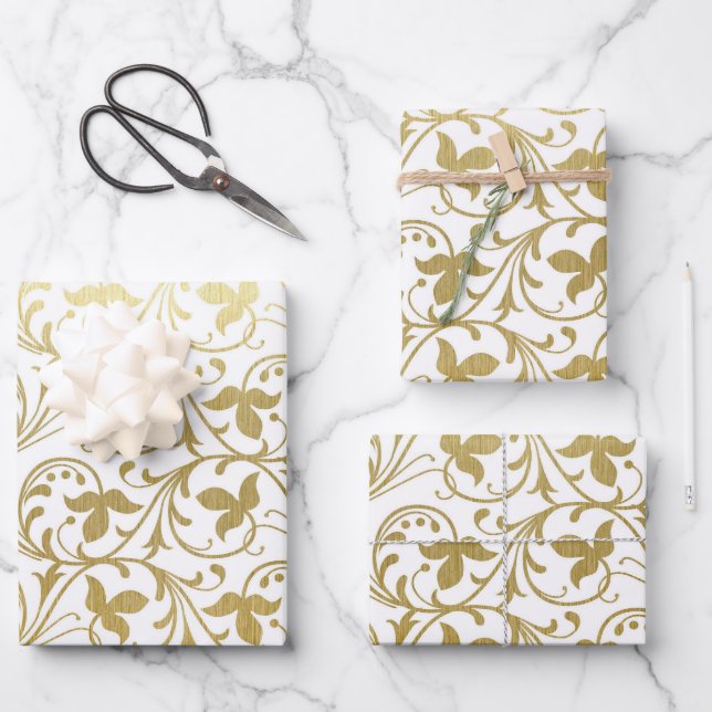Classic Gold Damask Floral Pattern Wedding Wrapping Paper Sheet (Front)