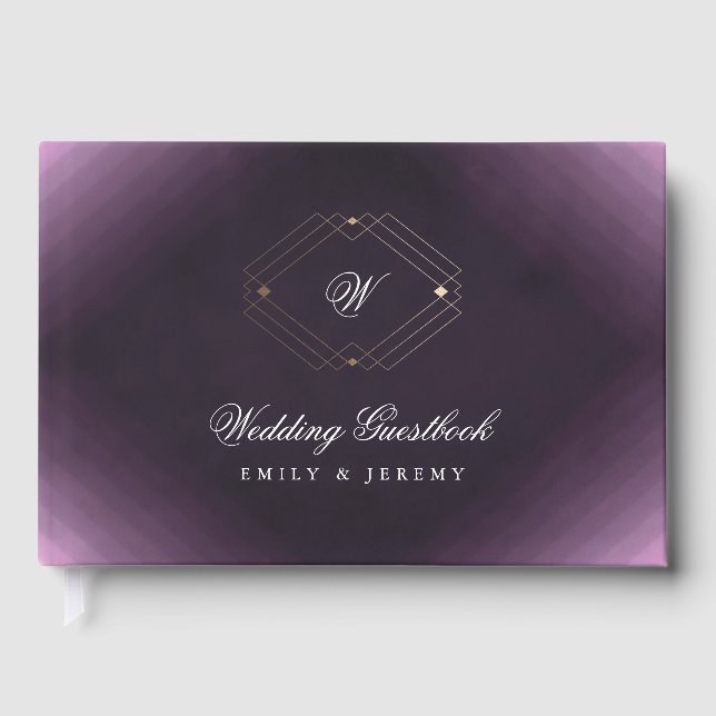 Classic Gold Deco Purple Calligraphy Monogram Guest Book (Front)