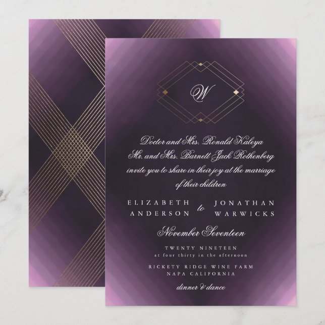 Classic Gold Deco Purple Calligraphy Monogram Invitation (Front/Back)