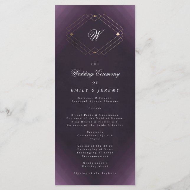 Classic Gold Deco Purple Calligraphy Monogram Programme (Front)