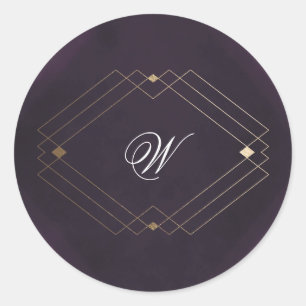 Classic Gold Deco Purple Calligraphy Monogram Round Sticker