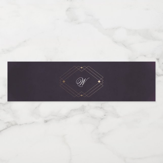 Classic Gold Deco Purple Calligraphy Monogram Water Bottle Label (Single Label)