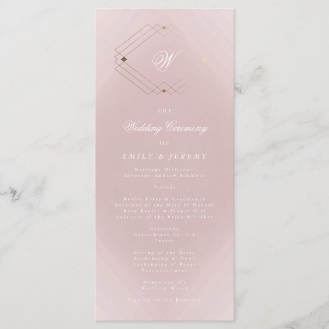 Classic Gold Dusty Rose Pink Monogram Wedding Programme (Front)