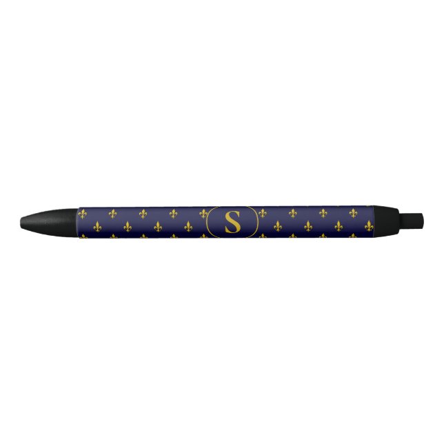 Classic Gold Fleur de Lis on Royal Blue Black Ink Pen (Front)